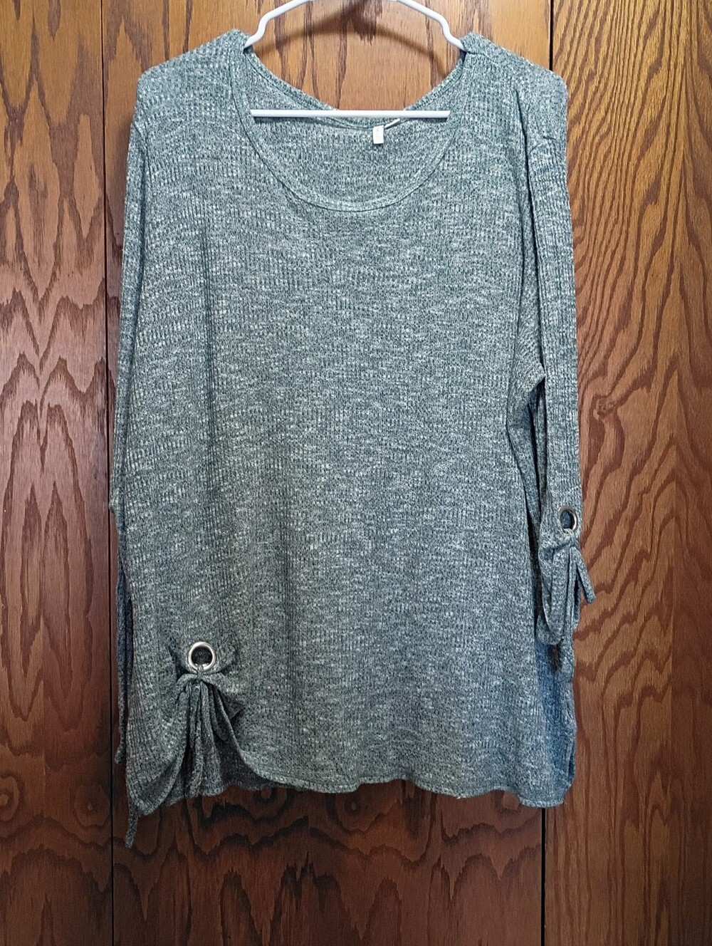 Women's Teal and  White Long Sleeve Knit Top with Tie Details